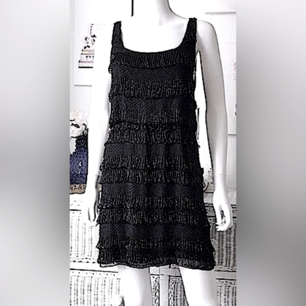 Alice + Olivia Gabby Flapper Beaded & Embellished Mini Dress in Black Silk Sz. S